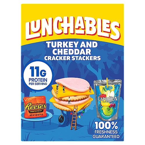Lunchables Turkey & Cheddar Cracker Stackers
Capri Sun Pacific Cooler Mixed Fruit Flavored Juice Drink Blend from Concentrate, White Turkey - Cured - Smoke Flavor Added, Pasteurized Prepared Cheddar Cheese Product, Crackers, Reese's Milk Chocolate Peanut Butter Cup