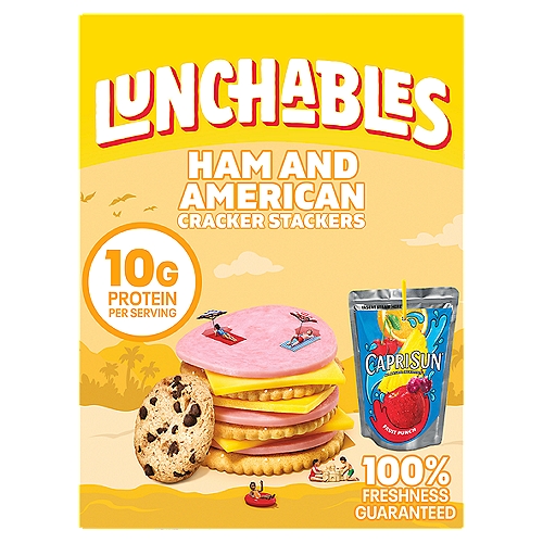 Lunchables Ham & American Cracker Stackers
Capri Sun Roarin' Waters Wild Cherry Flavored Water Beverage with Other Natural Flavor, Ham - Water Added - Smoke Flavor Added, Chocolate Chip Cookies, American Pasteurized Prepared Cheese Product, Crackers