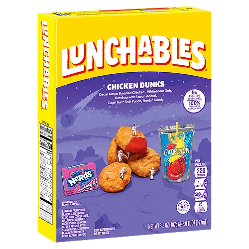 Lunchables Chicken Dunks Lunch Combinations
Oscar Mayer Breaded Chicken White Meal Only
Capri Sun® Fruit Punch
Ketchup with Starch Added
Nerds® Candy

Capri Sun Fruit Punch Flavored Juice Drink Blend from Concentrate, Fully Cooked Breaded Nugget-Shaped Chicken Patties, Ketchup with Starch Added, Strawberry Flavor Candy with other Natural Flavors