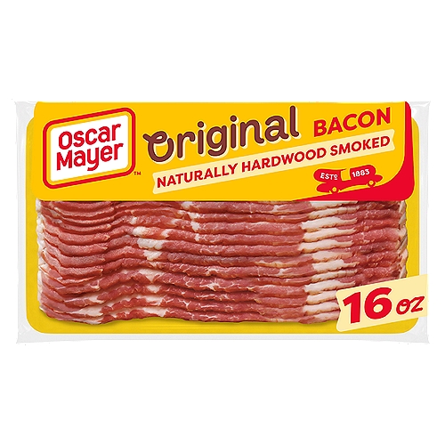 Oscar Mayer Naturally Hardwood Smoked Bacon, 16 oz
• Carefully selected cuts that are hand trimmed for premium quality
• Naturally smoked with real Wisconsin hardwoods
• Pork used raised without hormones
Federal regulations prohibit the use of hormones in pork