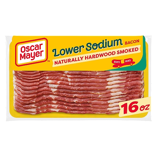 Oscar Mayer Naturally Hardwood Smoked Bacon 30% with Lower Sodium, 16 oz Pack, 17-19 slices
Oscar Mayer Naturally Hardwood Smoked Bacon Lower Sodium Bacon is made from carefully selected cuts of smoked pork and hand-trimmed for premium quality. Each slice of this hardwood smoked bacon has 30% less sodium than the regular Oscar Mayer bacon. Naturally smoked with real Wisconsin hardwoods, this pork bacon adds authentic smoky flavor to all of your favorite savory dishes. This sliced bacon is perfect for cooking and can be enjoyed as part of your morning breakfast, added to a BLT sandwich, or mixed into a casserole recipe. The vacuum sealed 16 ounce package helps keep bacon fresh in the refrigerator or freezer.

• One 16.0 oz. package of Oscar Mayer Naturally Hardwood Smoked Bacon Lower Sodium Bacon
• Oscar Mayer Naturally Hardwood Smoked Bacon Lower Sodium Bacon is made from hand-trimmed cuts of pork
• Pork used raised without hormones
• Has 30% less sodium than regular Oscar Mayer bacon
• Naturally smoked with real Wisconsin hardwoods
• Slices are perfect for frying
• Vacuum sealed package of bacon helps preserve freshness
• SNAP & EBT eligible food item