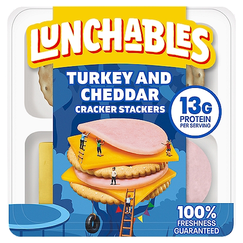 Lunchables Turkey & Cheddar Cheese Snack Kit with Crackers, 3.2 oz Tray
Lunchables Turkey and Cheddar with Crackers Lunch Combinations are the perfect on-the-go lunch while letting kids have fun with their food. Each convenient lunch kit includes Oscar Mayer White Meat Lean Turkey Slices, Kraft cheddar pasteurized prepared cheese product and crackers to create tasty stacked snacks. Our turkey and cheese crackers kit is a fast and fun option for school lunch, picnics, or on-the-go snacking. Every lunch kit provides a good source of calcium and excellent source of protein per serving, with 12 grams of protein per serving. Keep Lunchables Turkey and Cheese Crackers refrigerated.

• One 3.2 oz. tray of Lunchables Turkey and Cheddar with Crackers Lunch Combinations
• Lunchables Lunch Combinations are packed with kids' favorites, giving more choices for lunchtime
• Each kit contains Oscar Mayer Lean Turkey, Kraft cheddar pasteurized prepared cheese product and crackers
• Lunchables for kids are a ready to eat kit perfect for school lunches
• Each turkey and cheese kit is an excellent source of protein with 12 g. of protein per serving
• White meat turkey and crackers kit comes packaged in a convenient sealed tray
• Keep the on-the-go package refrigerated
• SNAP & EBT eligible food item