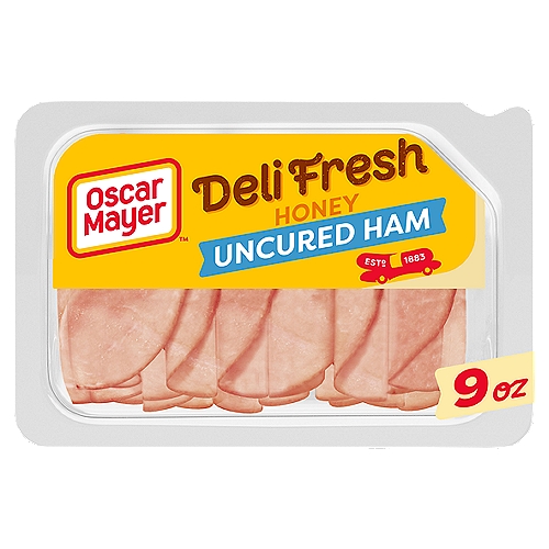 Oscar Mayer Deli Fresh Honey Uncured Ham Sliced Lunch Meat, 9 oz Tray
Oscar Mayer Deli Fresh Honey Uncured Ham Lunch Meat Family Size Tray contains quality uncured deli ham with no artificial preservatives, no nitrates or nitrites added, and no added hormones. Our uncured ham lunch meat is fully cooked and has a honey glaze for a rich, sweet flavor. Oscar Mayer Deli Fresh makes the perfect lunch. Use these uncured ham slices to make a classic deli meat sandwich. Honey uncured ham also makes a great addition to salads or cheese and crackers. Keep the 9-ounce tray refrigerated.

• One 9 oz. tray of Oscar Mayer Deli Fresh Uncured Honey Ham Lunch Meat
• Our honey uncured ham deli meat has no artificial preservatives, see back panel for ingredients to support quality
• Sliced honey ham contains no nitrates or nitrites added, except those naturally occurring in cultured celery juice
• Sliced honey uncured ham with no added hormones
• Oscar Mayer honey ham lunch meat is fully cooked ham slices are ready to eat
• Add a few slices of honey uncured ham deli meat to sandwiches, salads or cheese and crackers
• Keep our deli ham refrigerated
• SNAP & EBT eligible food item