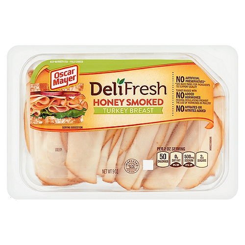 Oscar Mayer Deli Fresh Honey Smoked Turkey Breast, 9 oz
No artificial preservatives*
*See back panel for ingredients to support quality

Turkey raised with no added hormones - Federal regulations prohibit the use of hormones in poultry