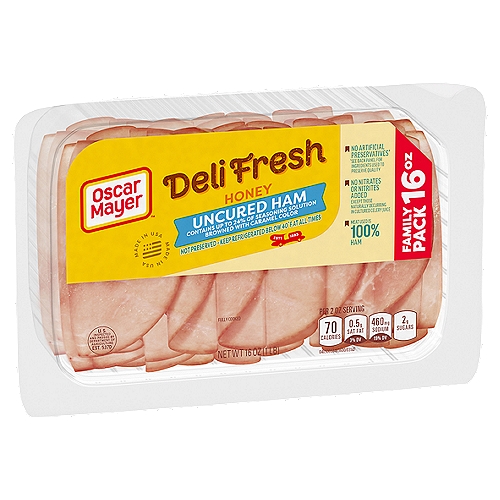 Oscar Mayer Deli Fresh Honey Uncured Ham Sliced Lunch Meat Family Size, 16 oz Tray
Oscar Mayer Deli Fresh Honey Ham Lunch Meat Family Size Tray contains quality uncured deli ham with no artificial preservatives, no nitrates or nitrites added, and no added hormones. Our fully cooked ham has a honey glaze for a rich, sweet flavor. Oscar Mayer Deli Fresh sliced ham makes the perfect lunch. Use these uncured lunch meat ham slices to make a classic sandwich. Honey ham also makes a great addition to deli platters, meat trays, salads or cheese and crackers. Load up with our family size package and keep the 16-ounce tray of deli ham slices refrigerated. If you enjoy our honey ham deli meat, be sure to try our black forest ham and many other varieties of deli department cold cuts.

• One 16 oz.Oscar Mayer Deli Fresh Uncured Honey Ham Lunch Meat Family Size Tray
• Our honey ham deli meat has no artificial preservatives, see back panel for ingredients to support quality
• Honey sliced ham with no nitrates or nitrites added, except those naturally occurring in cultured celery juice
• Honey ham slices are made from pork raised with no added hormones
• Honey ham slices are fully cooked ham that is ready to eat
• Oscar Mayer ham has a honey glaze for a rich, sweet flavor
• Add a few slices of honey uncured deli ham to sandwiches, wraps, salads, deli platters or cheese and crackers
• Keep our family sized package of honey uncured sandwich ham lunch meat refrigerated