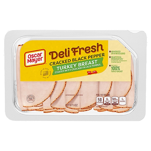 Oscar Mayer Deli Fresh Cracked Black Pepper Turkey Breast, 8 oz
No Artificial Preservatives*
*See Back Panel for Ingredients to Support Quality