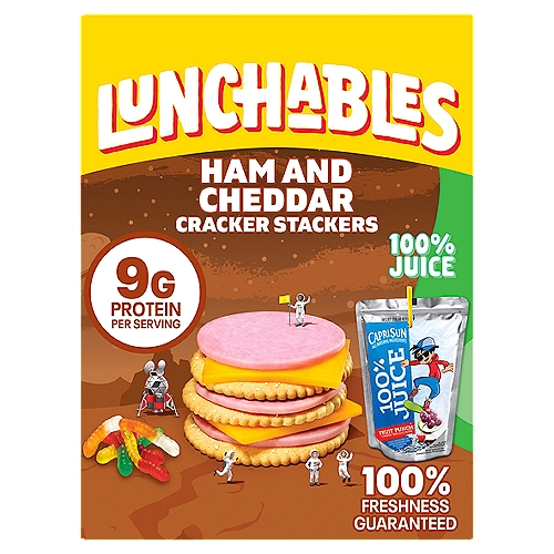 Lunchables Ham & Cheddar Cracker Stackers with 100% Juice Lunch Combinations, 2.8 oz
Set your child up for a happy day with Lunchables Ham & Cheddar Cracker Stackers with Fruit Punch Capri Sun & Gummy Worms, 8.8 oz box. Made with a selection of top quality ingredients from Oscar Mayer and Kraft, Lunchables are the easiest way to send your kids to school with a tasty lunch they'll be excited for, every day. Kids love assembling their own cheese and cracker creations while they sip a refreshing Capri Sun 100% Juice Fruit Punch drink pouch. Once they're finished, they can enjoy a few gummy worms for dessert-if they didn't get to them already, that is. Our individually-sealed kids' snack trays are ready to go at a moment's notice, so you don't need to spend time assembling a bag lunch. Just grab a Lunchables tray from the fridge and go! Let Lunchables turn lunch into the best part of your child's day.

• One 8.8 oz box of Lunchables Ham & Cheddar Cracker Stackers with Capri Sun Fruit Punch & Gummy Worms
• An iconic lunchtime favorite, Lunchables combines everything kids love in a convenient, portable snack pack
• Lunchables are a simple way to send your child to school with a tasty lunch every day
• Fun and interactive, our meal kit allows kids to stack cheese, lunch meat and crackers in different combinations
• Our kids' lunch kit includes organic crackers, Kraft Cheddar Cheese, Oscar Mayer Lean Ham, Capri Sun 100% Juice Fruit Punch and gummy worms
• Each cheese and crackers Lunchables kit is a great way to power up for play with 9 g of protein per serving
• Keep our individually sealed trays in the fridge and they'll always be ready when you need one