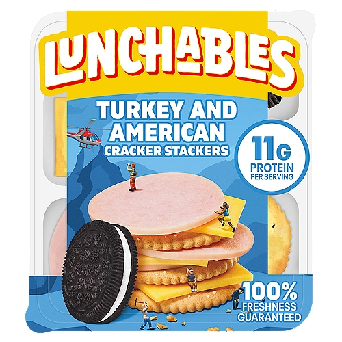Lunchables Turkey and American Cracker Stackers, 3.2 oz
Oscar Mayer Lean Turkey - White Meat Only, Kraft American Pasteurized Prepared Cheese Product, Chocolate Crème Cookies, Crackers

Roast White Turkey - Cured - Smoke Flavor Added, Chocolate Creme Sandwich Cookies, American Pasteurized Prepared Cheese Product, Crackers