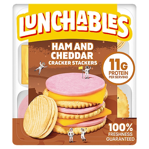 Lunchables Ham & Cheddar Cracker Stackers Lunch Combinations, 3.5 oz
Ham - Water Added - Smoke Flavor Added, Pasteurized Prepared Cheddar Cheese Product, Crackers, Vanilla Creme Sandwich Cookies
