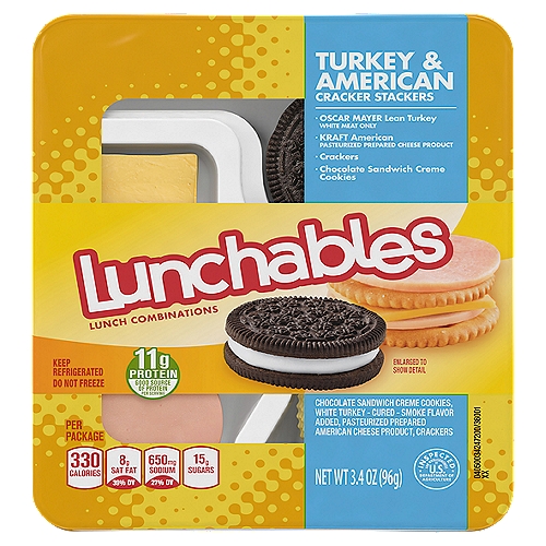 Lunchables Turkey & American Cracker Stackers Lunch Combinations, 3.4 oz
Lunchables Turkey and American Cracker Stackers Lunch Combinations are the perfect on-the-go lunch while letting kids have fun with their food. Each convenient lunch kit includes Oscar Mayer White Meat Lean Turkey Slices, Kraft American pasteurized prepared cheese product and crackers to create tasty stacked snacks. Chocolate sandwich cookies serve as a delicious dessert. Our turkey and cheese crackers kit is a fast and fun option for school lunch, picnics, or on-the-go snacking. Every lunch kit provides a good source of calcium and protein, with 10 grams of protein per serving. Keep Lunchables Turkey and Cheese Crackers refrigerated.

• One 3.4 oz. tray of Lunchables Turkey and American with Crackers Lunch Combinations
• Lunchables Lunch Combinations are packed with favorites, giving more choices for lunchtime
• Each kit contains Oscar Mayer Lean Turkey Slices, Kraft American pasteurized prepared cheese product, crackers and chocolate sandwich cookies
• Lunchables for kids are a ready to eat kit perfect for school lunches
• Each turkey and cheese kit is a good source of protein with 10 g. of protein per serving
• Turkey and crackers kit comes packaged in a convenient sealed tray
• Keep the on-the-go package refrigerated
• SNAP & EBT eligible food item