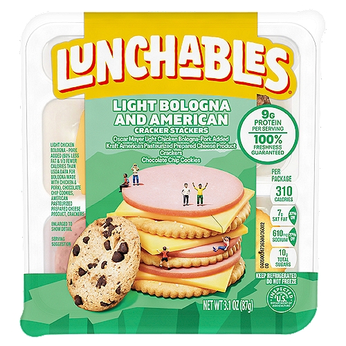Lunchables Light Bologna & American Cracker Stackers, 3.1 oz
Lunchables Light Bologna and American Cracker Stackers Lunch Combinations are an on-the-go lunch while letting kids have fun with their food. Each convenient lunch kit for kids includes Oscar Mayer Light Sliced Bologna made with chicken and pork, Kraft American pasteurized prepared cheese product and crackers to create tasty stacked cracker snacks. Chocolate chip cookies serve as a delicious dessert. Our bologna and cheese kit is a fast and fun option for school lunch, picnics, or on-the-go snacking. Every bologna and cheese kit provides a good source of calcium and protein, with 9 grams of protein per serving. Keep Lunchables Bologna and Cheese Crackers refrigerated.

• One 3.1 oz. tray of Lunchables Light Bologna and American Cracker Stackers Lunch Combinations
• Lunchables Lunch Combinations are packed with kids' favorites, giving more choices for lunchtime
• Each kit contains Oscar Mayer light bologna, Kraft American pasteurized prepared cheese product, crackers and chocolate chip cookies
• Lunchables for kids are a ready to eat kit perfect for school lunches
• Each bologna and cheese kit is a good source of protein with 9 g. of protein per serving
• Bologna and snack crackers kit comes packaged in a convenient sealed tray
• Keep the on-the-go package refrigerated
• SNAP & EBT eligible food item

Light Bologna Has 4g Fat and 60 Calories Compared to 8g of Fat and 90 Calories in Chicken & Pork Bologna per 28g Serving