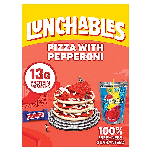 Fun pack pepperoni with pork, chicken and beef. Kraft mozzarella pasteurized prepared cheese product. Pizza sauce. Pizza crusts. Capri sun fruit punch. Nestle crunch bar.