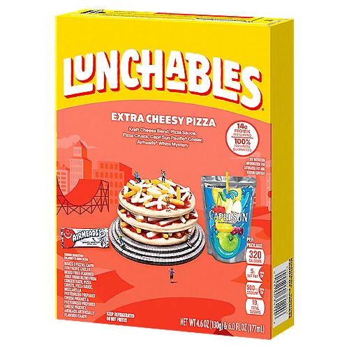 Lunchables Extra Cheesy Pizza
Makes 3 pizzas, Capri Sun pacific cooler mixed fruit flavored juice drink blend from concentrate, pizza crusts, pizza sauce, mozzarella pasteurized prepared cheese product & pasteurized prepared cheese product, Airheads artificially flavored candy
