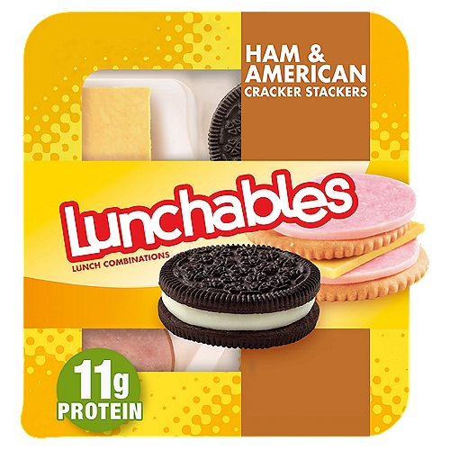 Lunchables Ham & American Cracker Stackers Lunch Combinations, 3.4 oz
Ham - Water Added - Smoke Flavor Added, Pasteurized Prepared American Cheese Product, Crackers, Chocolate Creme Sandwich Cookies