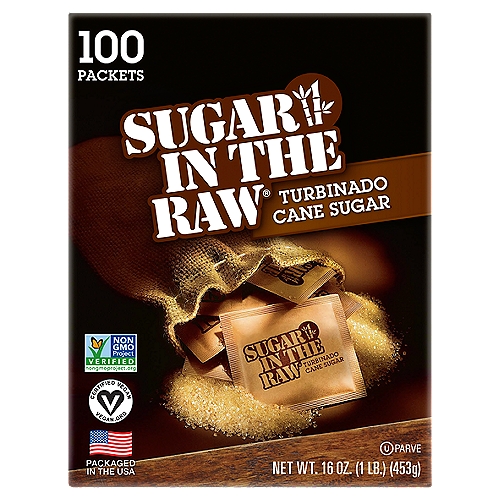 Sugar in the Raw Turbinado Cane Sugar, 100 count, 16 oz
Sugar in the Raw® Premium Turbinado Sugar is made from natural, non-GMO sugar cane. Its natural molasses produces a distinctive taste and gives a golden color to the large jewel-like crystals.*
*Because sugar cane is natural, crystals may cluster and color may vary.

Use Sugar in the Raw® in place of ordinary refined sugar, and savor the delicious old-fashioned taste!