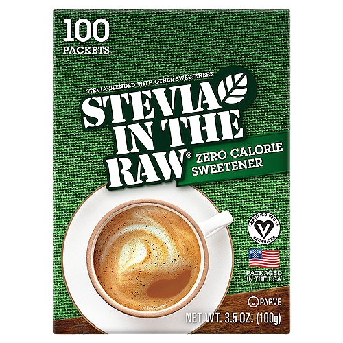 Stevia In The Raw Zero Calorie Sweetener, 100 count, 3.5 oz
Sweeten a Tea, a Cup of Coffee. Hot or Cold. Sprinkle It on Cereal, Douse a Piece of Fruit Cook and Bake with It Too. Whatever You Sweeten, Just Do It with Stevia In The Raw.

Stevia is naturally sweeter than sugar. So, like many zero-calorie sweeteners, it is blended with dextrose. This helps create the perfect balance of sweetness, making it easier to both pour and measure.