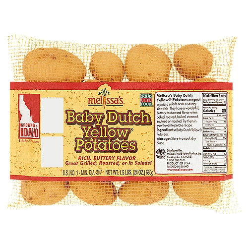 Melissa's Baby Dutch Yellow Potatoes, 1.5 lbs
Melissa's Baby Dutch Yellow® Potatoes are great in potato salads or as a savory side dish. They have a wonderful, buttery texture and flavor when baked, roasted, boiled, steamed, sautéed or mashed. Try them in your favorite potato recipe.