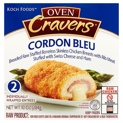 Koch Foods Oven Cravers Cordon Bleu, 2 count, 10 oz
Breaded Raw Stuffed Boneless Skinless Chicken Breasts with Rib Meat Stuffed with Swiss Cheese and Ham