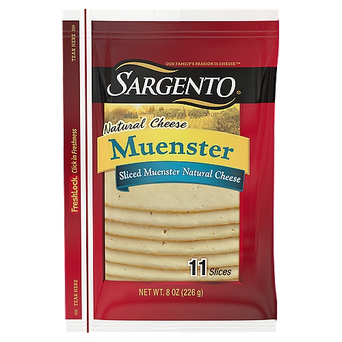 SARGENTO Sliced Muenster Natural Cheese, 11 count
With its distinctive red-orange rind and savory, mild flavor, this soft Sargento® Muenster Natural Cheese is delicious to eat alone and is perfect on salami and other cold-cut sandwiches. It's also excellent melted in grilled sandwiches, sliders and burgers. This convenient packaged cheese is great for packing in the cooler for tailgaters, picnics and road trips.