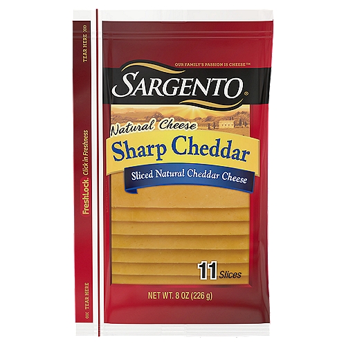 SARGENTO Sliced Sharp Natural Cheddar Cheese, 11 count, 8 oz
Sargento® Sharp Cheddar Natural Cheese is bursting with flavor all on its own, but these slices add a delicious complexity to a wide variety of recipes and bring a tangy zing to everything from burgers to a slice of hot apple pie. Plus, it creates an amazing grilled cheese sandwich. This convenient packaged cheese is ideal for all your favorite appetizers and entrées

Sliced Natural Cheddar Cheese

No added growth hormones*
*No significant difference has been shown between milk derived from rBST-treated and non-rBST-treated cows

No antibiotics**
**Our cheese is made from milk that does not contain antibiotics

Fresh-Lock® click in freshness