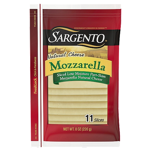SARGENTO Sliced Mozzarella Natural Cheese, 11 count, 8 oz
Bring the taste of Italy into your own kitchen with our mild and milky, low moisture part-skim Mozzarella cheese. Makes a delicious after-school or midnight snack or adds the perfect melt to a meatball sandwich or panini.

Sliced Low Moisture Part-Skim Mozzarella Natural Cheese

No added growth hormones*
*No significant difference has been shown between milk derived from rBST-treated and non-rBST-treated cows

No antibiotics**
**Our cheese is made from milk that does not contain antibiotics

Fresh-Lock® click in freshness