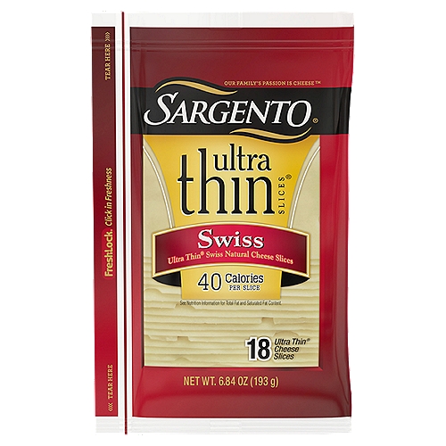 SARGENTO Swiss Natural Cheese Ultra Thin® Slices, 18 slices
Thinly sliced without sacrificing the signature flavor, this Sargento® Swiss Natural Cheese adds a deliciously mellow, nutty flavor to sandwiches like Reubens and ham and cheese as well as burgers and all your favorite wraps and paninis. This convenient packaged cheese is ideal for packing in the cooler for tailgate parties, picnics and road trips.

Ultra Thin® Swiss Natural Cheese Slices

Fresh-Lock® click in freshness

No added growth hormones*
*No significant difference has been shown between milk derived from rBST-treated and non-rBST-treated cows

No antibiotics**
**Our cheese is made from milk that does not contain antibiotics