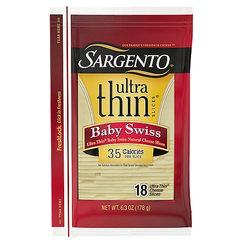 SARGENTO Ultra Thin Slices Baby Swiss Natural Cheese, 18 count, 6.3 oz
Expertly sliced, this cheese makes it easy to add the mild, buttery flavor of Baby Swiss to your sandwiches and snacks.

Ultra Thin® Baby Swiss Natural Cheese Slices

Fresh-Lock® click in freshness