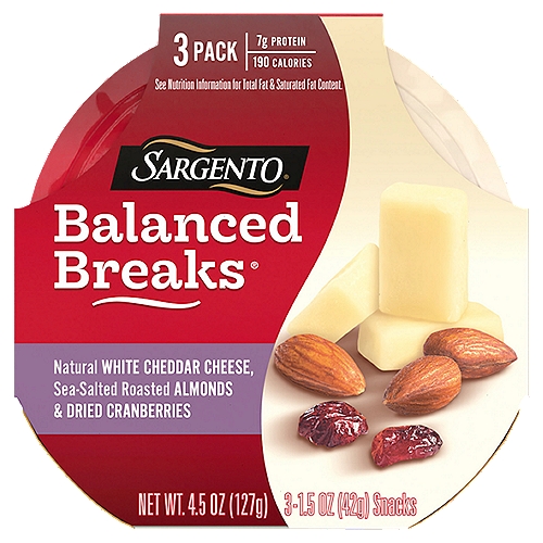 SARGENTO Balanced Breaks White Cheddar Cheese, Almonds & Dried Cranberries, 1.5 oz, 3 count
Sargento® Balanced Breaks® Snacks Natural White Cheddar Cheese, Sea-Salted Roasted Almonds and Dried Cranberries, 3-Pack

The perfect balance of the flavors you crave, Sargento® Balanced Breaks® Snacks White Cheddar Cheese, sea-salted roasted almonds and tart dried cranberries are combined in one satisfying snack. Balanced Breaks are a snack to toss in backpacks, briefcases and gym bags for a delicious on-the-go. Each convenient individual serving contains 7 grams of protein and 190 calories per serving*.

Natural White Cheddar Cheese, Sea-Salted Roasted Almonds & Dried Cranberries