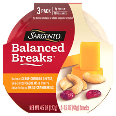 Sargento Balanced Breaks Sharp Cheddar Cheese, Cashews & Dried Cranberries, 1.5 oz, 3 count