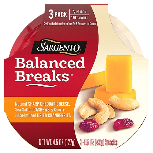 SARGENTO Balanced Breaks Sharp Cheddar Cheese, Cashews & Dried Cranberries, 1.5 oz, 3 count
Sargento® Balanced Breaks® Natural Sharp Cheddar Cheese, Sea-Salted Cashews and Cherry Juice-Infused Dried Cranberries, 3-Pack

To create a loveable snack with real substance, we combined the buttery crunch of sea-salted cashews and the tartness of cherry juice-infused dried cranberries with the rich, bold flavor of Sharp Cheddar. Yum. Convenient individual-sized snack trays come in a 3-count package, each containing less than 200 calories per servings and 7 grams of protein. (See nutrition info for total fat and saturated fat content. Not a low calorie food.)

Natural Sharp Cheddar Cheese, Sea-Salted Cashews & Cherry Juice-Infused Dried Cranberries