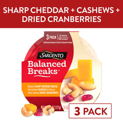 Sargento Balanced Breaks Sharp Cheddar Cheese, Cashews & Dried Cranberries Snacks, 1.5 oz, 3 count