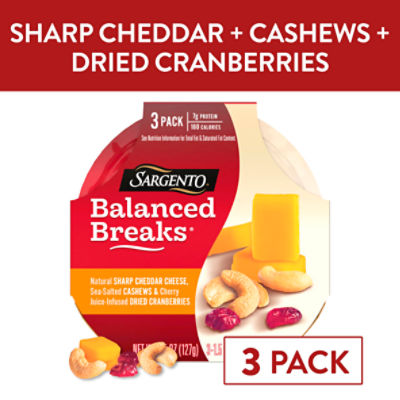Sargento Balanced Breaks Sharp Cheddar Cheese, Cashews & Dried Cranberries Snacks, 1.5 oz, 3 Count