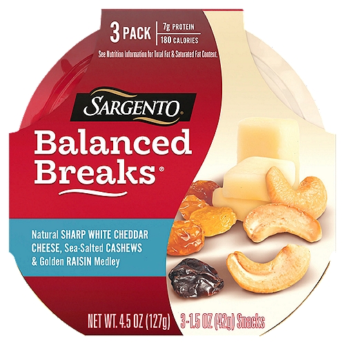 SARGENTO Balanced Breaks Snacks, 1.5 oz, 3 count
Sharp White Cheddar Cheese, Sea-Salted Cashews, Raisin Medley

Sargento® Balanced Breaks® Natural Sharp White Cheddar Cheese, Sea-Salted Cashews and Golden Raisin Medley, 3-Pack

Where has this amazing snack been all your life? We brought together creamy, tangy Sharp White Cheddar cheese, buttery, sea-salted cashews and a medley of raisins for perfect snack with flavors you love. Convenient individual-sized snack trays come in a 3-count package, each containing less than 200 calories per servings and 7 grams of protein. (See nutrition info for total fat and saturated fat content. Not a low calorie food.)

Natural Sharp White Cheddar Cheese, Sea-Salted Cashews & Golden Raisin Medley