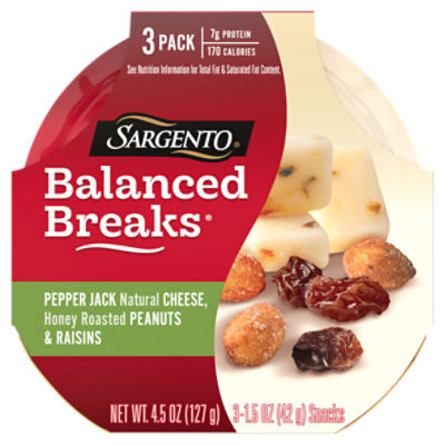 Sargento Balanced Breaks Pepper Jack Natural Cheese, Peanuts & Raisins, 1.5 oz, 3 count