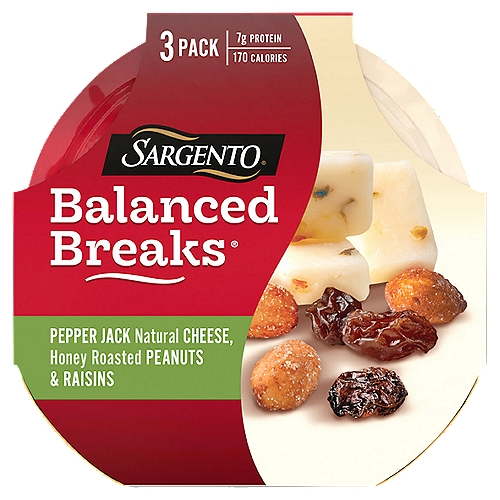 SARGENTO Balanced Breaks Pepper Jack Natural Cheese, Peanuts & Raisins, 1.5 oz, 3 count
Three delicious flavors come together in one delightful snack. Honey roasted peanuts, raisins and the spicy kick of Pepper Jack cheese bring you the perfect balance of flavor and nutrition. Convenient individual-sized snack trays come in a 3-count package, each containing less than 200 calories per servings and 7 grams of protein. (See nutrition info for total fat and saturated fat content. Not a low calorie food.)