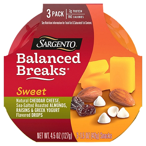 SARGENTO Balanced Breaks Sweet Cheddar Cheese, Almonds, Raisins & Yogurt Drops, 1.5 oz, 3 count
Sargento® Sweet Balanced Breaks® Natural Cheddar Cheese, Sea-Salted Roasted Almonds, Raisins and Greek Yogurt Flavored Drops, 3-Pack

A medley of flavors and textures like no other. Creamy Mild Cheddar and smooth Greek yogurt flavored drops go perfectly with chewy raisins and crunchy sea-salted almonds in this treat for your taste buds. Convenient individual-sized snack trays come in a 3-count package, each containing less than 200 calories per servings and 7 grams of protein (See nutrition info for total fat and saturated fat content. Not a low calorie food.)

Natural Cheddar Cheese, Sea-Salted Roasted Almonds, Raisins & Greek Yogurt Flavored Drops