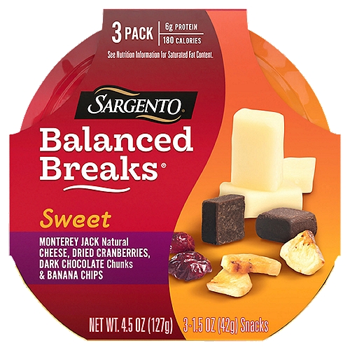 SARGENTO Balanced Breaks Sweet Snacks, 1.5 oz, 3 count
Monterey Jack Natural Cheese, Dried Cranberries, Dark Chocolate Chunks & Banana Chips
