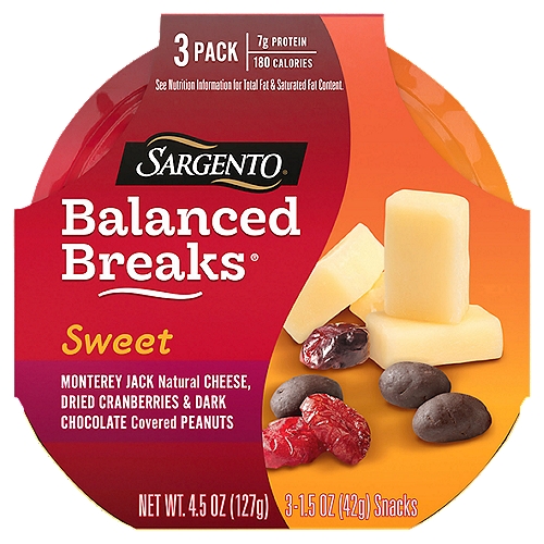 Sargento Balanced Breaks Sweet Snacks, 1.5 oz, 3 count
Monterey Jack Cheese, Cranberries, Chocolate Covered Peanuts

Sargento® Sweet Balanced Breaks® Monterey Jack Natural Cheese, Dried Cranberries and Dark Chocolate Covered Peanuts, 3-Pack

A little sweet, a little tart, and just the right amount of indulgence. For a smart snack that feeds your cravings, we combined creamy Monterey Jack cheese and rich dark chocolate covered peanuts with tart dried cranberries. Convenient individual-sized snack trays come in a 3-count package, each containing less than 200 calories per servings and 7 grams of protein. (See nutrition info for total fat and saturated fat content. Not a low calorie food.)

Monterey Jack Natural Cheese, Dried Cranberries & Dark Chocolate Covered Peanuts