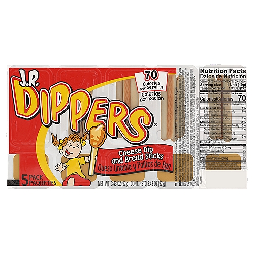 J.R. DIPPERS Cheese Dip & Bread Sticks, 5 count, 3.43 oz
J.R. Dippers® Cheese Dip & Bread Sticks are great for lunches, quick snacks, and on-the-go occasions!