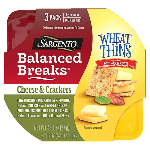SARGENTO Balanced Breaks Wheat Thins Cheese & Crackers Snacks, 1.5 oz, 3 count
Low Moisture Mozzarella & Fontina Natural Cheeses and Wheat Thins® Mini Snacks Sundried Tomato & Basil