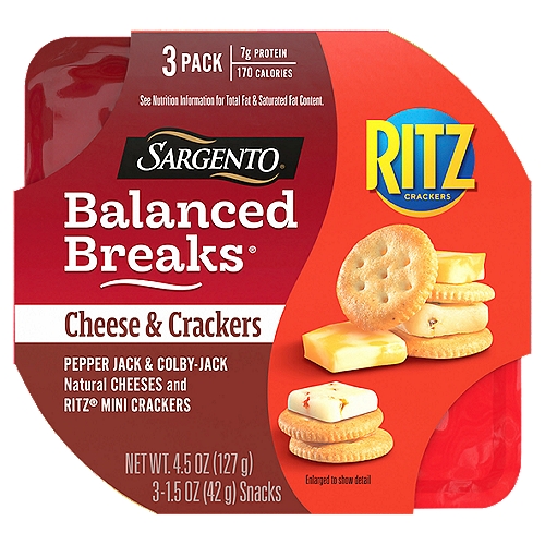 SARGENTO Balanced Breaks Ritz Cheese & Crackers Snacks, 1.5 oz, 3 count
Pepper Jack & Colby-Jack Natural Cheeses and Ritz® Mini Crackers