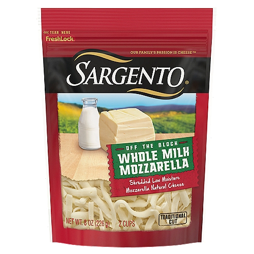 SARGENTO Shredded Whole Milk Mozzarella Natural Cheese, 8 oz
The richness of our own low moisture, whole milk mozzarella cheese creates an over-the-top creamy melt that lends authenticity to homemade pizza and pastas. This isn't just cheese, it's a secret weapon.

Shredded Low Moisture Mozzarella Natural Cheese

Fresh-Lock®

No added growth hormones*
*No significant difference has been shown between milk derived from rBST-treated and non-rBST-treated cows

No antibiotics**
**Our cheese is made from milk that does not contain antibiotics