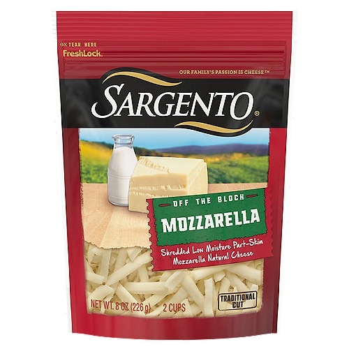 Easy-melting, delicate and smooth, this traditional-cut Sargento® Low Moisture Part-Skim Mozzarella Cheese is the perfect topping for salads, pizza, lasagna and other classic Italian dishes. Shredded fresh from blocks of real, natural cheese, this delicious Mozzarella cheese brings convenience to your kitchen and a mild, cheesy finish to all your favorite recipes