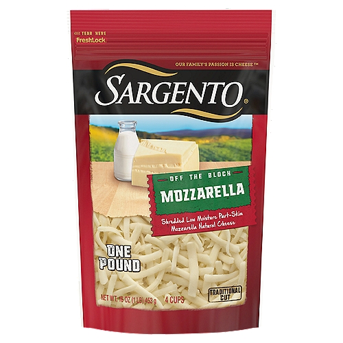 Sargento Traditional Cut Mozzarella Cheese, 16 oz
Shredded Low Moisture Part-Skim Mozzarella Natural Cheese

No added growth hormones*
*No significant difference has been shown between milk derived from rBST-treated and non rBST-treated cows

No antibiotics**
**Our cheese is made from milk that does not contain antibiotics