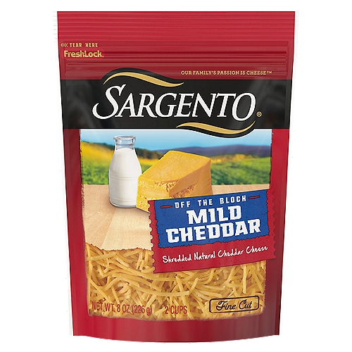 SARGENTO Shredded Mild Natural Cheddar Cheese, 8 oz
An American favorite, Cheddar cheese is incredibly versatile. Our take on Mild Cheddar cheese ups the rich, creamy taste to help make any dish a masterpiece.

Shredded Natural Cheddar Cheese

Fresh-Lock®

No added growth hormones*
*No significant difference has been shown between milk derived from rBST-treated and non-rBST-treated cows

No antibiotics**
**Our cheese is made from milk that does not contain antibiotics