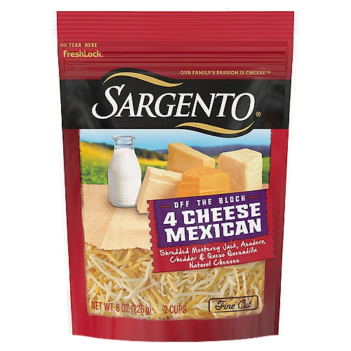SARGENTO Shredded Fine Cut 4 Cheese Mexican Natural Cheese, 8 oz
This fine-cut blend contains a combination of Sargento® Monterey Jack Cheese, Sargento® Mild Cheddar Cheese, Sargento® Queso Quesadilla Cheese and Asadero cheese. Sargento® 4 Cheese Mexican adds an authentic smooth, creamy flavor to enchiladas, burritos, quesadillas and all your favorite Tex-Mex entrées. The delicious, rich flavor is perfect for egg dishes and sprinkled on salads, too.