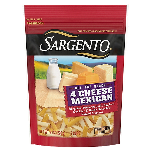 A delicious blend of Sargento® Monterey Jack cheese, Sargento® Cheddar Cheese, Sargento® Queso Quesadilla Cheese and Asadero Cheese, Sargento® 4 Cheese Mexican natural cheese adds smooth, creamy flavor to enchiladas, burritos, quesadillas, tacos and all your favorite Tex-Mex entrées. This richly flavored cheese also adds a wonderful melty taste to chili and egg dishes.nnShredded Monterey Jack, Asadero, Cheddar & Queso Quesadilla Natural CheesesnnFresh-Lock®nnNo added growth hormones*n*No significant difference has been shown between milk derived from rBST-treated and non-rBST-treated cowsnnNo antibiotics**n**Our cheese is made from milk that does not contain antibiotics