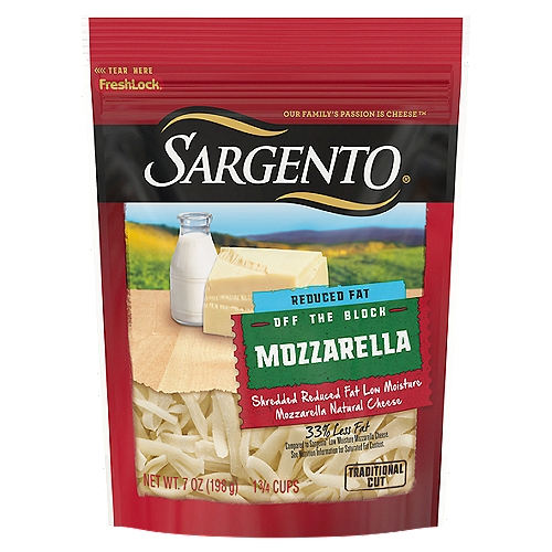 SARGENTO Mozzarella Shredded Natural Cheese, 7 oz
Mozzarella is smooth and delicately flavored and this reduced-fat* version lives up to that reputation. Shredded from blocks of real cheese, this Mozzarella brings convenience to your kitchen and fits your lifestyle. 33% Less Fat compared to Sargento® Low Moisture Mozzarella Cheese. Fat is reduced from 7g to 4.5g. See Nutrition Information for Saturated Fat Content.

Fresh-Lock®

33% less fat
20% fewer calories
Compared to Sargento Low Moisture Mozzarella Cheese.

Fat is reduced from 7g to 4.5g. Calories are reduced from 90 to 70.