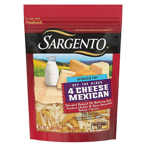 SARGENTO Shredded Reduced Fat 4 Cheese Mexican Natural Cheese, 7 oz
We reduced the fat as compared to Sargento® Traditional Cut 4 Cheese Mexican but not the flavor in this quick-melting blend of Monterey Jack, Cheddar, Queso Quesadilla and Asadero cheeses. The flavor is perfect for enchiladas, burritos, quesadillas and other Tex-Mex entrées.

Shredded Reduced Fat Monterey Jack, Asadero, Cheddar & Queso Quesadilla Natural Cheeses

33% less fat, 25% fewer calories
Compared to Sargento Traditional Cut 4 Cheese Mexican.

No added growth hormones*
*No significant difference has been shown between milk derived from rBST-treated and non-rBST-treated cows

No antibiotics**
**Our cheese is made from milk that does not contain antibiotics

Fresh-Lock® double zipper

Fat is reduced from 9g to 6g. Calories are reduced from 110 to 80.