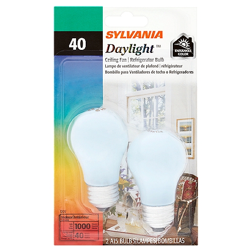 Sylvania Daylight 40 Watts A15 Bulbs, 2 count
Designed with stronger filaments to withstand vibration in refrigerators and ceiling fans.